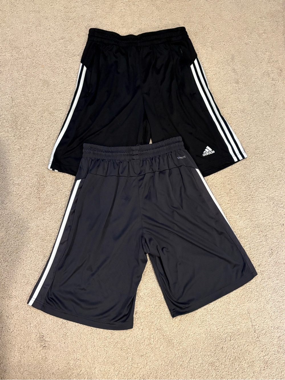 2 Pairs Men’s Adidas Black and Dark Grey Athletic Shorts with Side Stripes Sz M